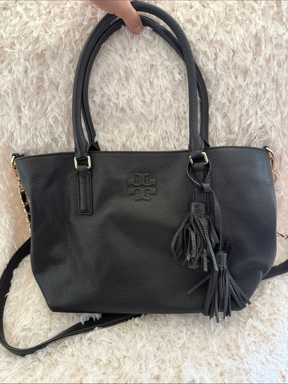 Tory Burch THEA 🖤 Black Pebbled Leather Tassel Tote